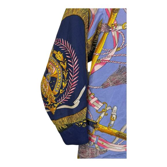 Vintage Stunt Collections Blouse 100% Silk Blue Tassel Ribbon Print Large 80s - Picture 8 of 13